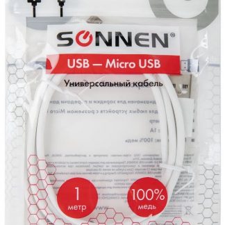 Кабель белый USB 2.0-micro USB, 1 м,SONNEN, медь, для передачи данных и зарядки, 513557