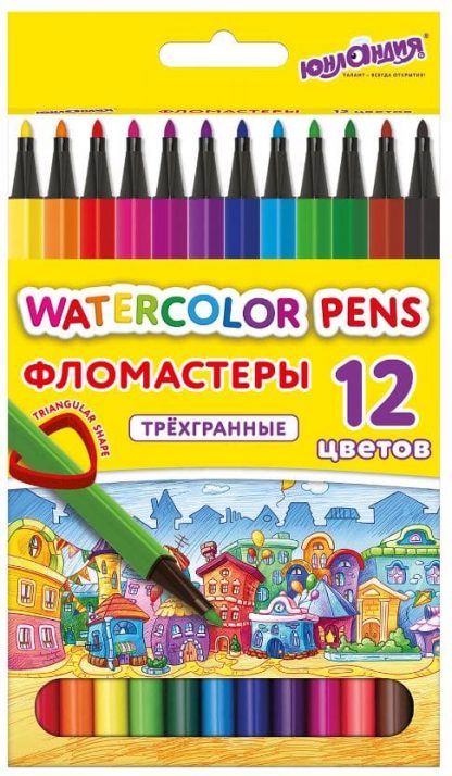 Фломастеры ЮНЛАНДИЯ "ДОМИКИ", 12 цветов, трехгранные, вентилируемый колпачок, картон, 152182