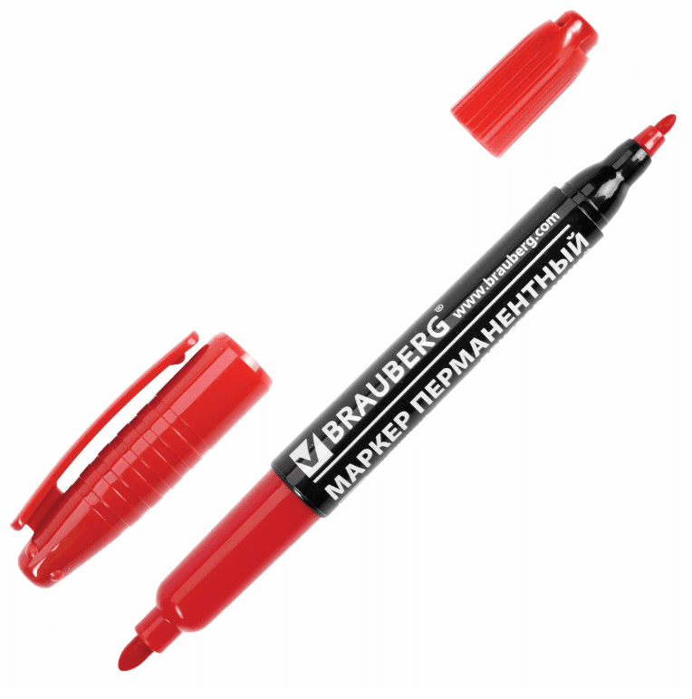 Маркер перманентный двусторонний BRAUBERG, КРАСНЫЙ, круглый наконечник 2/4 мм, 150838