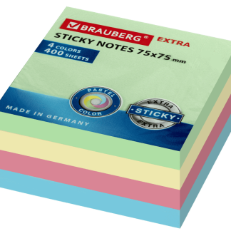 Блок самоклеящийся (стикеры) EXTRA STICKY BRAUBERG, ПАСТЕЛЬНЫЙ, 75х75мм, 400л., 4 цвета, 112440
