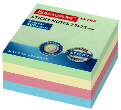 Блок самоклеящийся (стикеры) EXTRA STICKY BRAUBERG, ПАСТЕЛЬНЫЙ, 75х75мм, 400л., 4 цвета, 112440