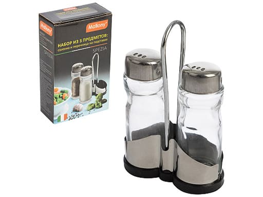 Набор из 3 предметов SPEZIA: солонка 40мл и перечница 40 мл на подставке (нерж.сталь, стекло)