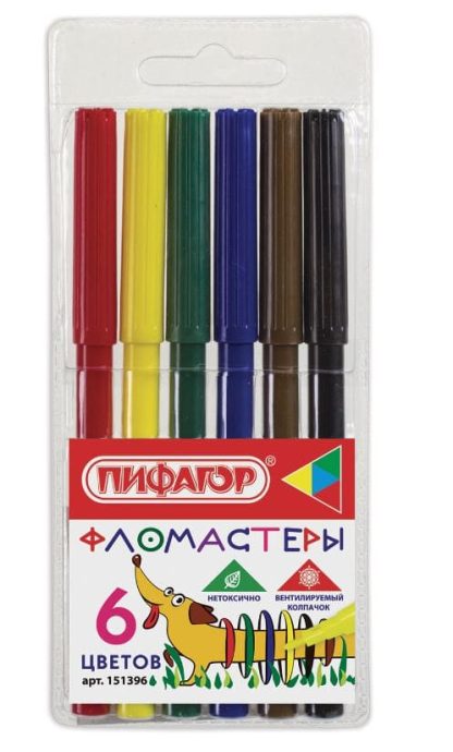 Фломастеры ПИФАГОР "Веселая такса", 6 цветов, вентилируемый колпачок, 151396