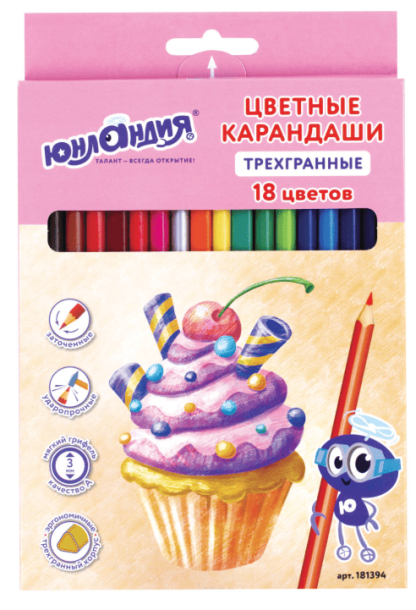 Карандаши цветные ЮНЛАНДИЯ "СЛАДКИЕ ИСТОРИИ", 18 цветов, трехгранные, натуральное дерево, 181394