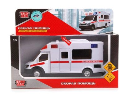 244952 МОДЕЛЬ"ТЕХНОПАРК"МЕТАЛЛ.ИНЕРЦ.СКОРАЯ ПОМОЩЬ,17СМ,СВЕТ+ЗВУК,ОТКР.ДВЕРИ В КОР.1022S-R в к.48шт