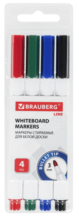 Маркеры стираемые для белой доски НАБОР 4 ЦВЕТА, BRAUBERG "LINE", 3 мм, с клипом, 152119