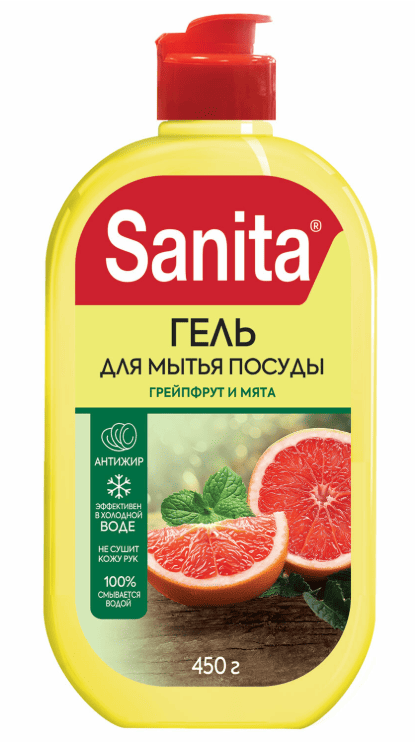 Гель для мытья посуды 450г SANITA "Грейпфрут и мята", ш/к 00678, 701228