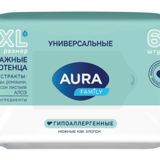 Полотенца влажные 60 шт, XXL, AURA Family универсальные, ш/к 60656, 117682