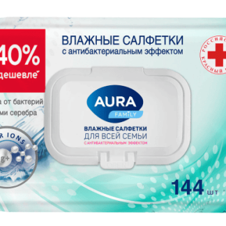 Салфетки влажные 144 шт, AURA Family антибактериальные, для всей семьи, крышка клапан, ш/к 04504