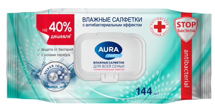 Салфетки влажные 144 шт, AURA Family антибактериальные, для всей семьи, крышка клапан, ш/к 04504