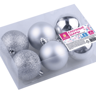 Шары ёлочные 6шт, 8см, "Trio", пластик, СЕРЕБРИСТЫЕ (глянец, матовый, глиттер) ЗОЛОТАЯ СКАЗКА 590876