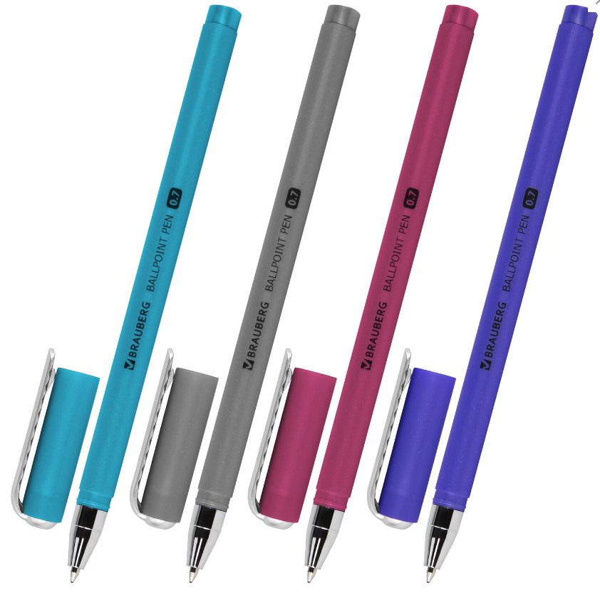 Ручка шариковая синяя BRAUBERG SOFT TOUCH STICK "METALLIC", мягкое покрытие, ассорти, 0,7мм,143699