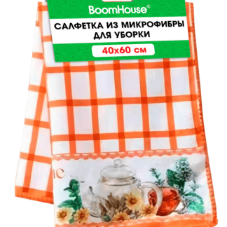 Салфетка из МИКРОФИБРЫ универсальная 40х60см, оранжевая клетка, орнамент,240г/м2, BoomHouse, 700877