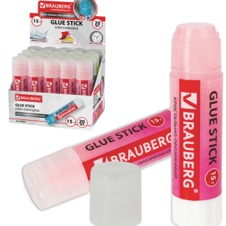 Клей-карандаш BRAUBERG "COLOR Crystal", 15 г, прозрачный, ассорти, 227969