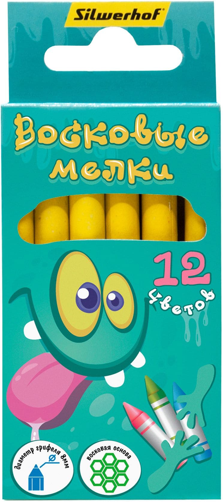 Мелки восковые 12цв Silwerhof Монстрики круглые 12цв. дл.89мм д.8мм картон.кор./европод.