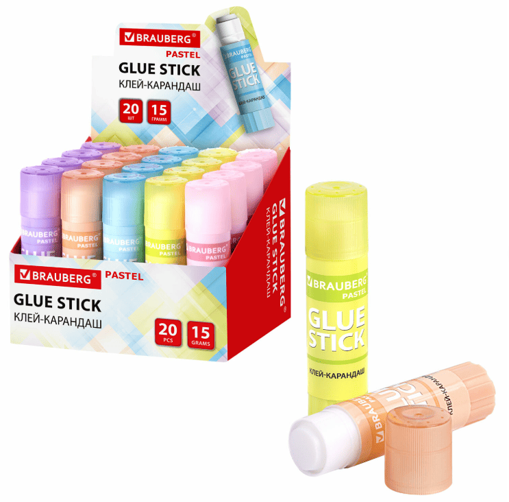 Клей-карандаш в пастельном корпусе BRAUBERG PASTEL, 15 г, PVP основа, ассорти, 271249