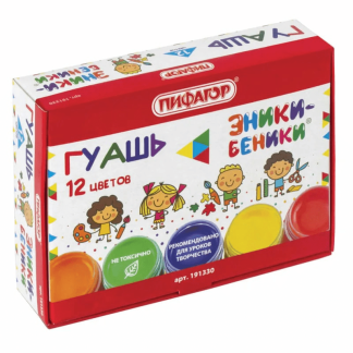 Гуашь 12 цветов ПИФАГОР «ЭНИКИ-БЕНИКИ», 10 мл, без кисти, картонная упаковка, 191330