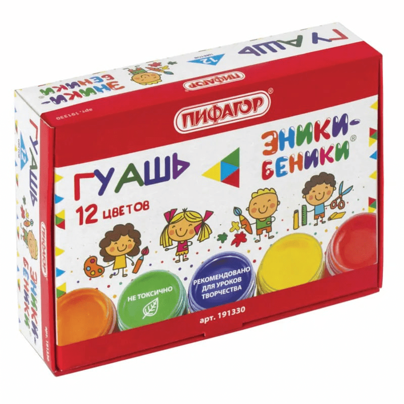 Гуашь 12 цветов ПИФАГОР «ЭНИКИ-БЕНИКИ», 10 мл, без кисти, картонная упаковка, 191330