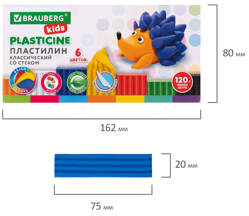 Пластилин классический BRAUBERG KIDS, 6 цветов, 120 грамм, стек, ВЫСШЕЕ КАЧЕСТВО, 106435
