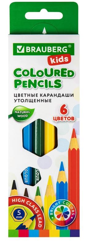 Карандаши цветные утолщенные BRAUBERG KIDS 6 цветов, дерево, грифель 5 мм, 181877