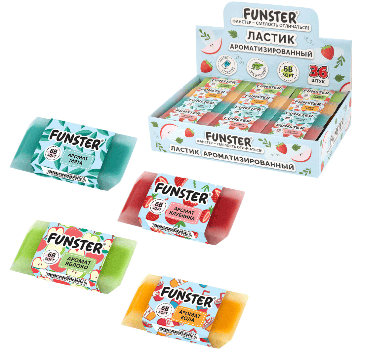 Ластик ароматизированный FUNSTER (ФАНСТЕР) SWEET, 54х23х10мм, скошенный, ЭКО-ПВХ, ассорти, 272727