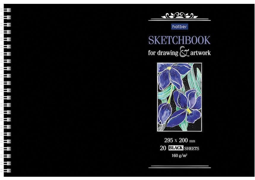 Скетчбук, черная бумага 160г/м2, 200х295мм, 20л, гребень, HATBER Premium, Ирисы, 20А4Aгр_23480