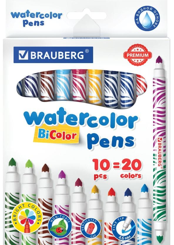 Фломастеры двусторонние утолщенные BRAUBERG PREMIUM BI-COLOR, 10 шт., 20 цветов, двухцветные, 151945