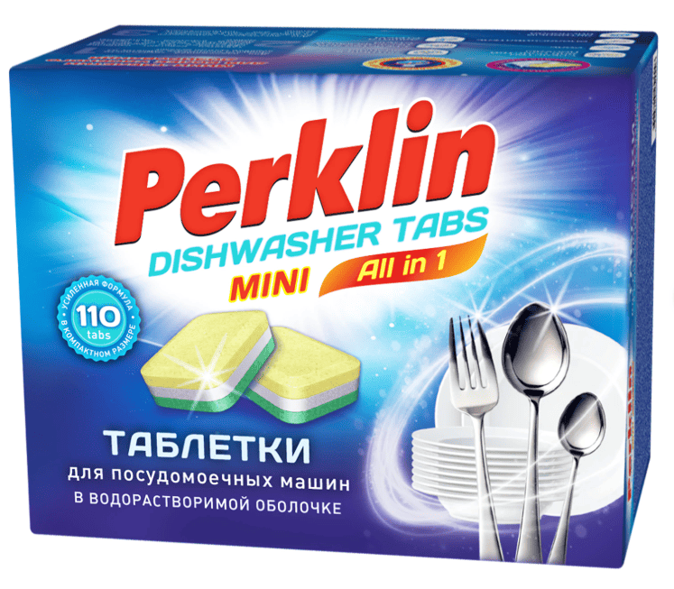 Таблетки для посудомоечных машин MINI TABS 110шт Perklin "ALL in 1", растворимая оболочка, 609647
