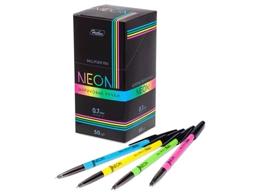 РУЧКА Hatber шариковая NEON Синяя 0,7мм с колпачком и клипом-Ассорти- чернила на масл.основе 043608
