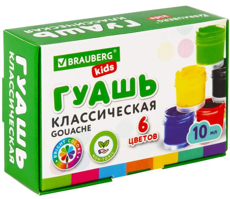 Гуашь BRAUBERG KIDS "NEW", 6 цветов по 10 мл, 192374, шт