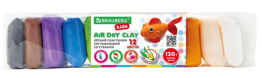 Пластилин супер лёгкий воздушный застывающий 12 цветов 120г, 3 стека, BRAUBERG KIDS, 106306