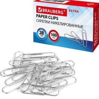 Скрепки EXTRA BRAUBERG 28 мм никелированные 100 штук, 271312