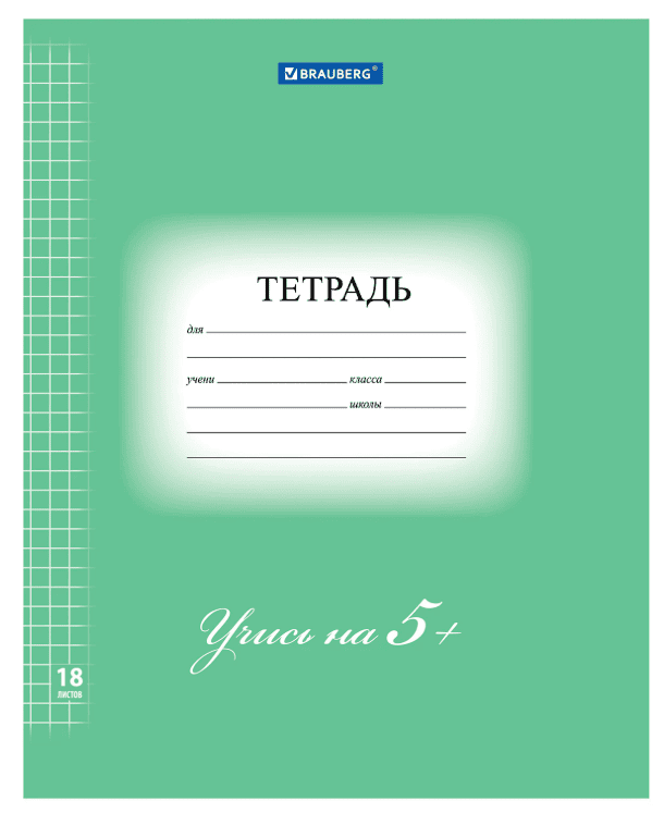Тетрадь 18л. BRAUBERG ЭКО "5-КА", клетка, обложка картон, 170г/м2, ЗЕЛЕНАЯ, 402987