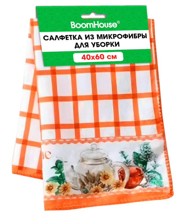 Салфетка из МИКРОФИБРЫ универсальная 40х60см, оранжевая клетка, орнамент,240г/м2, BoomHouse, 700877