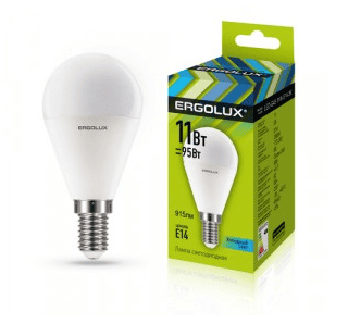 Ergolux шар G45 E14 11W(915lm 220°) 4500K 4K матовая 92x45 LED-G45-11W-E14-4K