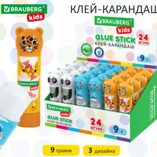 Клей-карандаш "Зверята: панда, слон и леопард" 9 г, фигурный колпачок, BRAUBERG KIDS, 271139