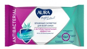 Влажные салфетки 15шт/уп, с антибак. эффектом AURA Tropic cocktail