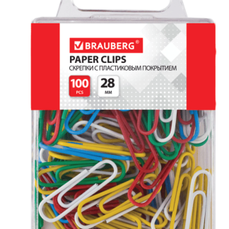Скрепки BRAUBERG 28 мм цветные, 100 шт. в пласт. кор., 221111