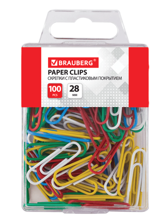 Скрепки BRAUBERG 28 мм цветные, 100 шт. в пласт. кор., 221111