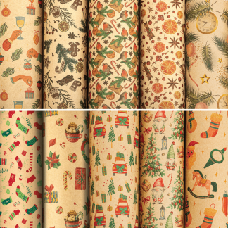 Бумага упаковочная новогодняя "Christmas Kraft" 70*100см, 10 дизайнов ассорти, ЗОЛОТАЯ СКАЗКА 592053