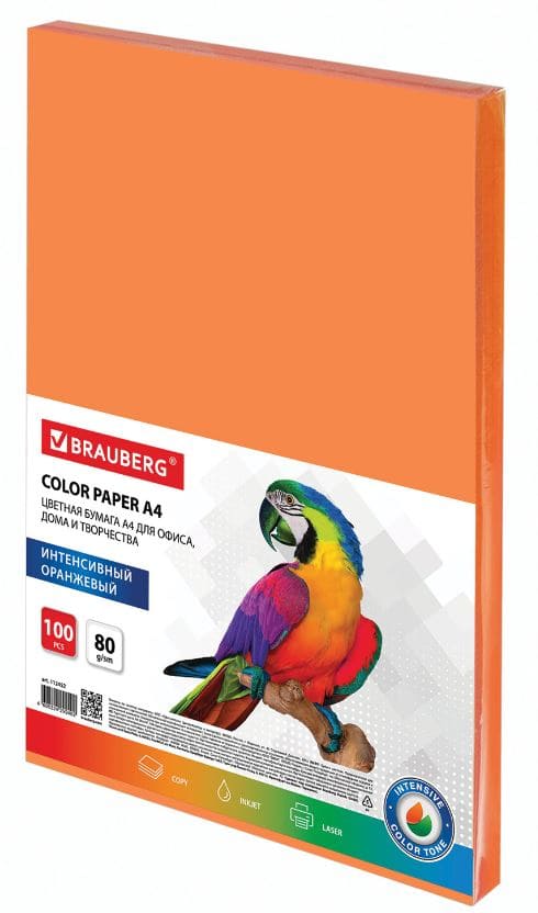 Бумага цветная BRAUBERG, А4, 80г/м, 100 л, интенсив, оранжевая, для офисной техники, 112452