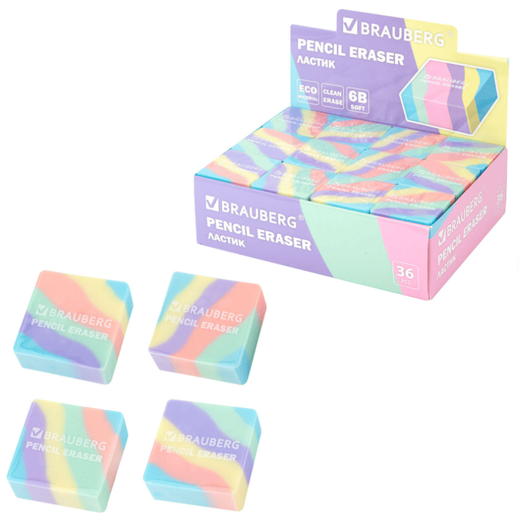 Ластик BRAUBERG "PASTEL", 34х34х14 мм, квадратный, экологичный ПВХ, ассорти, 273210, шт