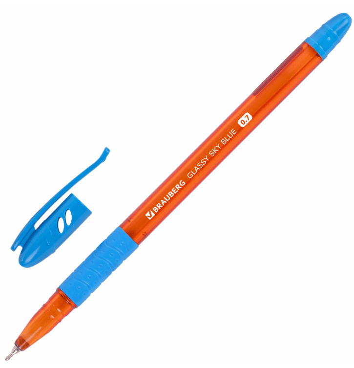 Ручка шариковая масляная с грипом BRAUBERG GLASSY SKY BLUE, СВЕТЛО-СИНЯЯ, линия 0,35мм,144107