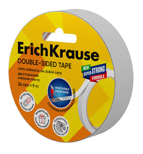 Двусторонняя клейкая лента ErichKrause, прозрачная, 24ммх9м (в пленке по 1 шт.), шт