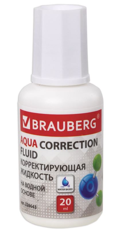 Корректирующая жидкость BRAUBERG Aqua на водной основе 20 мл, с кисточкой, 228643