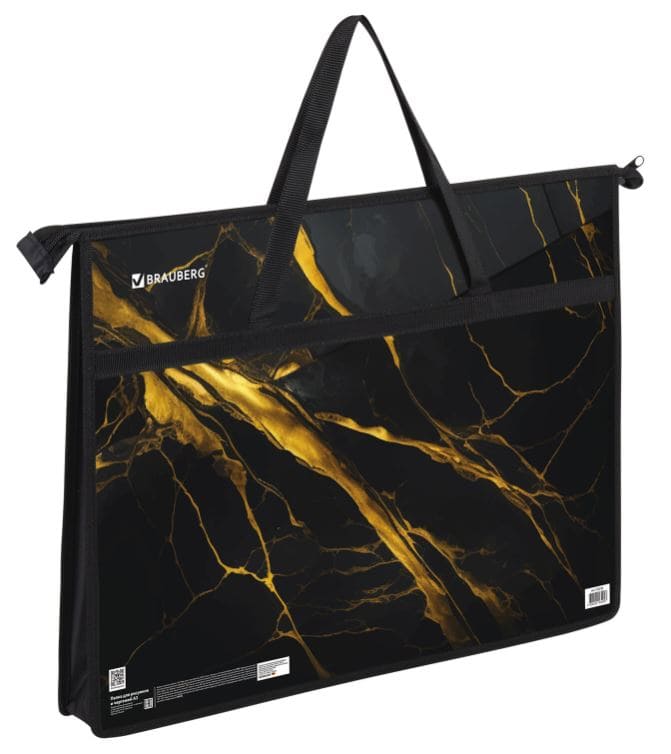 Папка для рисунков и чертежей с ручками BRAUBERG А3,пластик,молния сверху, Black&gold marble, 272232