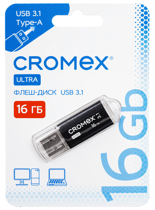 Флеш-диск 16GB CROMEX Ultra USB 3.1, металлический корпус, черный, 514162, шт
