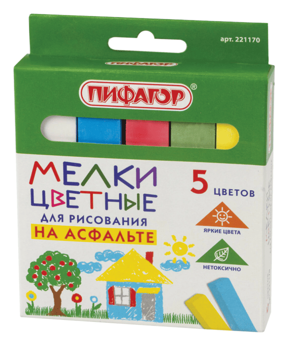 Мел для рисования на асфальте 5 штук, цветной квадратный, ПИФАГОР, картонная уп., европодвес, 221170
