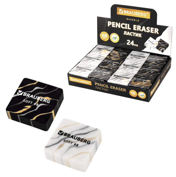 Ластик BRAUBERG "MARBLE", 34х34х11 мм, квадратный, экологичный ПВХ, ассорти, 272726, шт