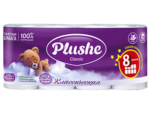 Туалетеная Бумага Plushe Classic 8 рулонов*18 метров, 2 слоя, белая, 8 в упаковке